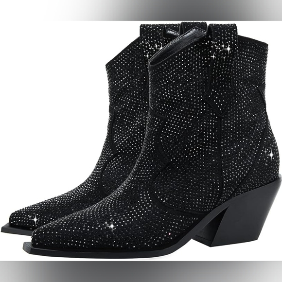 Beautiful Black Rhinestone Crystal Diamante Western Ankle Boots - Picture 6 of 6
